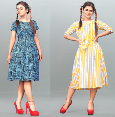 Hiral Creation Women Fit and Flare Multicolor Below Knee Dress