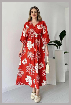 BRAVAL TEXTILE Women Fit and Flare Red Ankle Length Dress