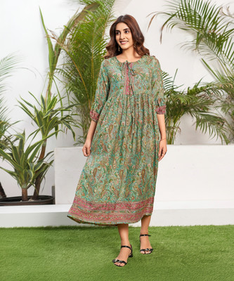 Selvia Women Fit and Flare Green, Multicolor Midi/Calf Length Dress