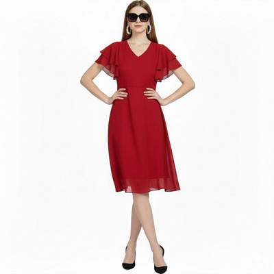 color world Women A-line Maroon Knee Length Dress