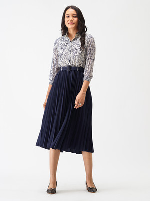 AASK Women Pleated Dark Blue Midi/Calf Length Dress