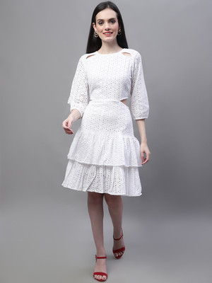 MARC LOUIS Women Fit and Flare White Knee Length Dress