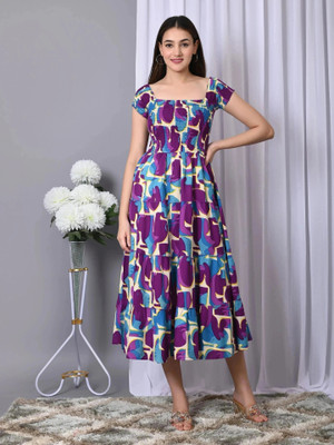 IQRAAR Women Fit and Flare Multicolor, Purple, Light Blue Midi/Calf Length Dress