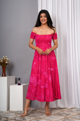 VYMO Women Fit and Flare Pink Midi/Calf Length Dress