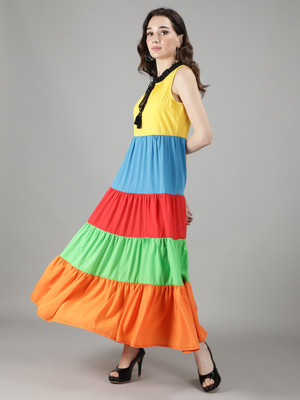 MINGLAY Women Fit and Flare Yellow Midi/Calf Length Dress