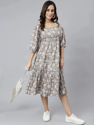 Janasya Women Fit and Flare Grey Midi/Calf Length Dress