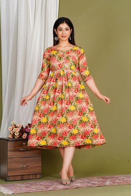 aashub Women A-line Orange Ankle Length Dress