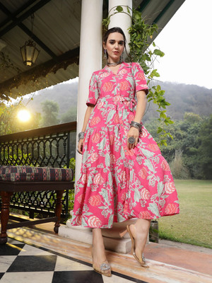 Stylum Women Fit and Flare Pink Below Knee Dress