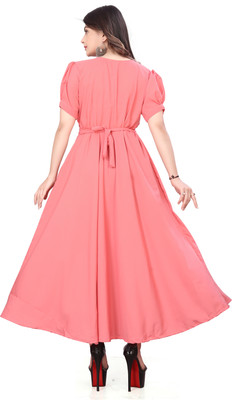 premarth Women Fit and Flare Pink Maxi/Full Length Dress