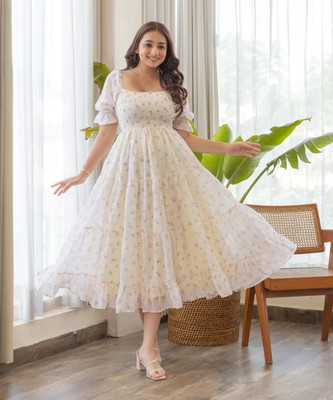 Dream Star Women Fit and Flare White Below Knee Dress