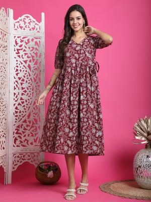 Rajnandini Women A-line Maroon, White Midi/Calf Length Dress