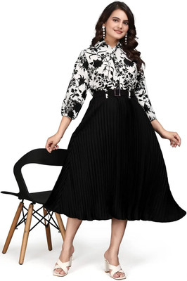 HIALTO Women Fit and Flare Black, White Midi/Calf Length Dress