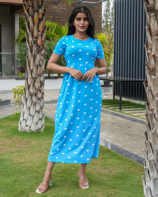 Lara Women Fit and Flare Blue Ankle Length Dress
