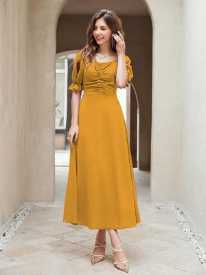 R B Jari Women A-line Yellow Maxi/Full Length Dress