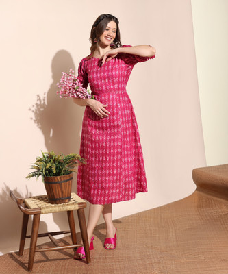 Fashion Dream Women A-line Pink Midi/Calf Length Dress