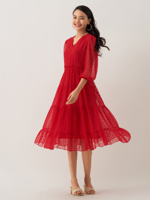 AASK Women Fit and Flare Red Midi/Calf Length Dress