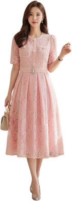 TR HAUTE Women A-line Pink Below Knee Dress