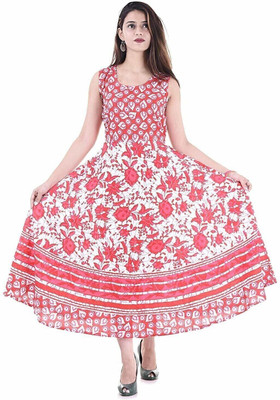 RADHA RANI COLLECTION Women A-line White, Pink Maxi/Full Length Dress