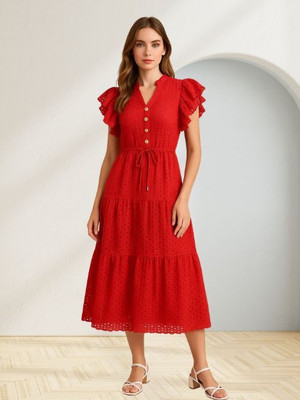 MARC LOUIS Women Fit and Flare Red Midi/Calf Length Dress