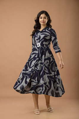 AARIKAARI Women Printed Flared Kurta(Dark Blue)
