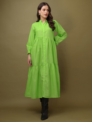 PURVAJA Women Fit and Flare Green Midi/Calf Length Dress
