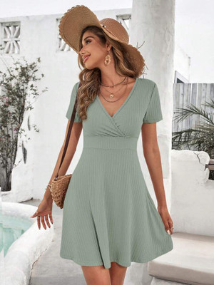 Crispin Women Fit and Flare Light Green Mini/Short Dress
