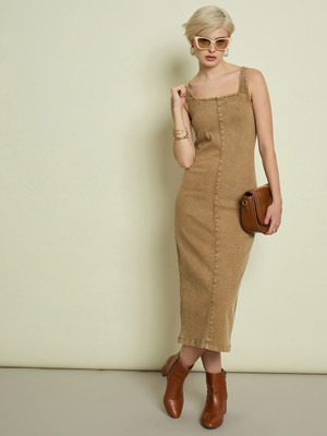SASSAFRAS Women Bodycon Beige Midi/Calf Length Dress