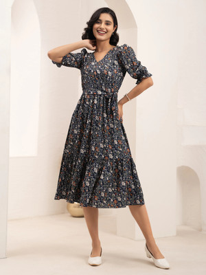 AASK Women Tiered Multicolor Midi/Calf Length Dress