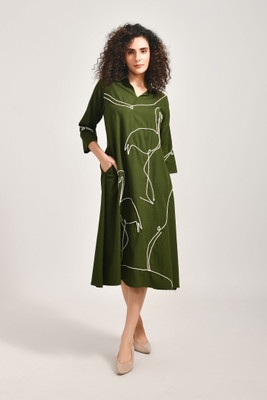 MEERABELLA Women A-line Green Below Knee Dress