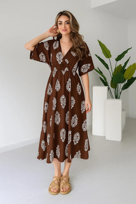 Dafedar art Women A-line Brown Midi/Calf Length Dress