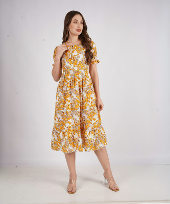 AKSHA CREATION Women Fit and Flare Yellow Midi/Calf Length Dress