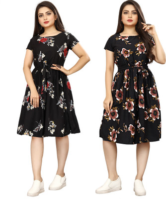 HouseOfCommon Women A-line Black, Blue Knee Length Dress