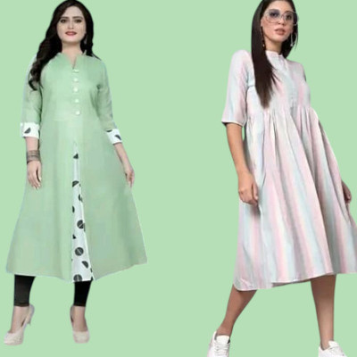 Texpamz Women Striped A-line Kurta(Green, White)