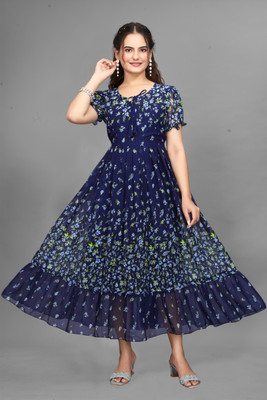 Krince Fashion Women Fit and Flare Blue Maxi/Full Length Dress