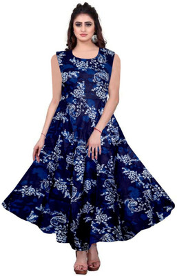 Shunit creation Women Fit and Flare Blue, Dark Blue, White Maxi/Full Length Dress
