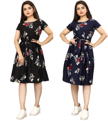 HouseOfCommon Women A-line Black, Blue Knee Length Dress