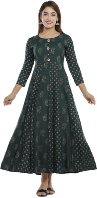 ASHISH PRINT Women A-line Dark Green, Gold Midi/Calf Length Dress
