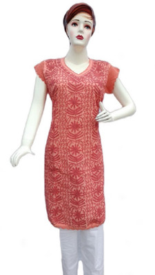 Quds Women Ethnic Dress Red, Beige Knee Length Dress