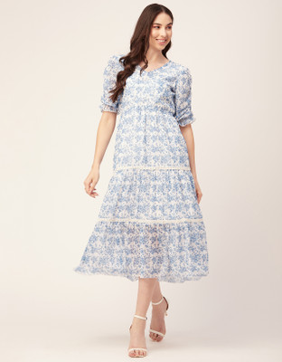 moomaya Women Fit and Flare White, Blue Midi/Calf Length Dress