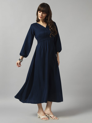Krunal Raiyani Women Fit and Flare Blue Maxi/Full Length Dress