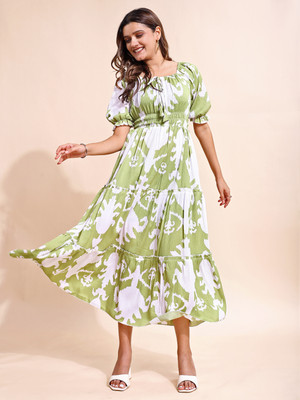 Attire Empire Women Fit and Flare Green Midi/Calf Length Dress