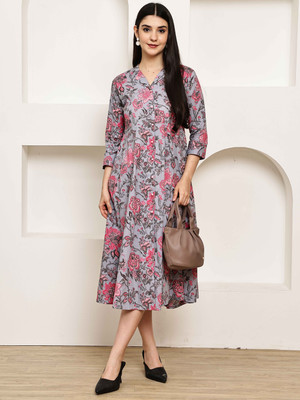 Rajnandini Women A-line Grey, Pink Below Knee Dress