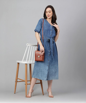 Janasya Women A-line Blue Midi/Calf Length Dress