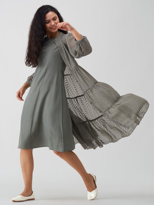 AASK Women Fit and Flare Grey Midi/Calf Length Dress