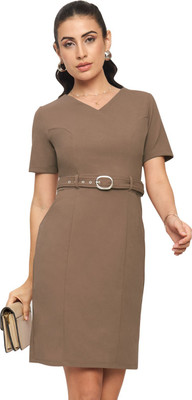 Martini Women Shift Beige Above Knee/Mid Thigh Length Dress