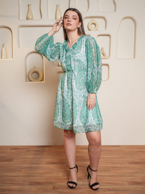 PURVAJA Women Fit and Flare Green Above Knee/Mid Thigh Length Dress