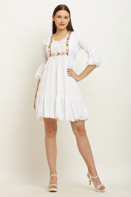 LADYANA Women A-line White Above Knee/Mid Thigh Length Dress