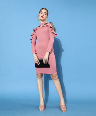 Dressberry Women Ruffled Pink Midi/Calf Length Dress