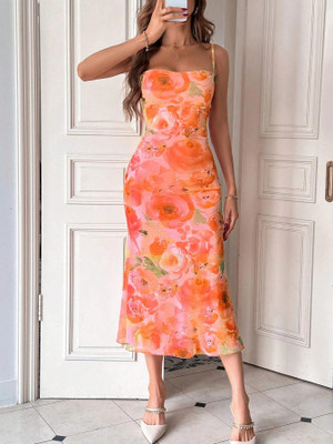 FabVerse Women Bodycon Orange Midi/Calf Length Dress