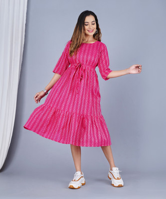 Kharoliya Women Fit and Flare Pink Midi/Calf Length Dress